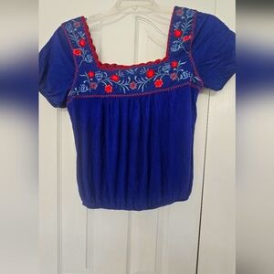 Lucky Brand Embroidered Blue Women's Top Size Small
